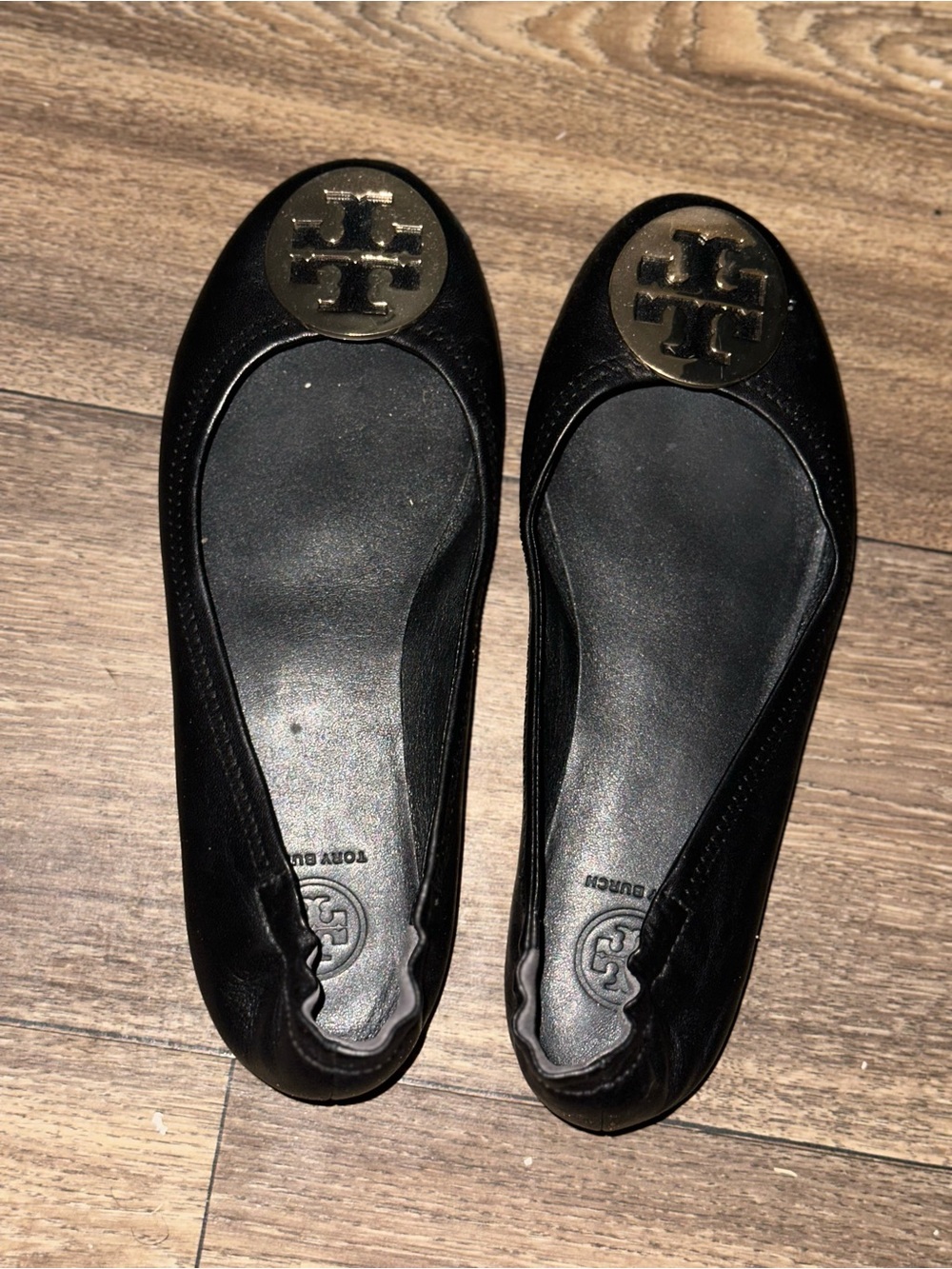 Tory Burch Black Leather Logo Medallion Ballet Flats